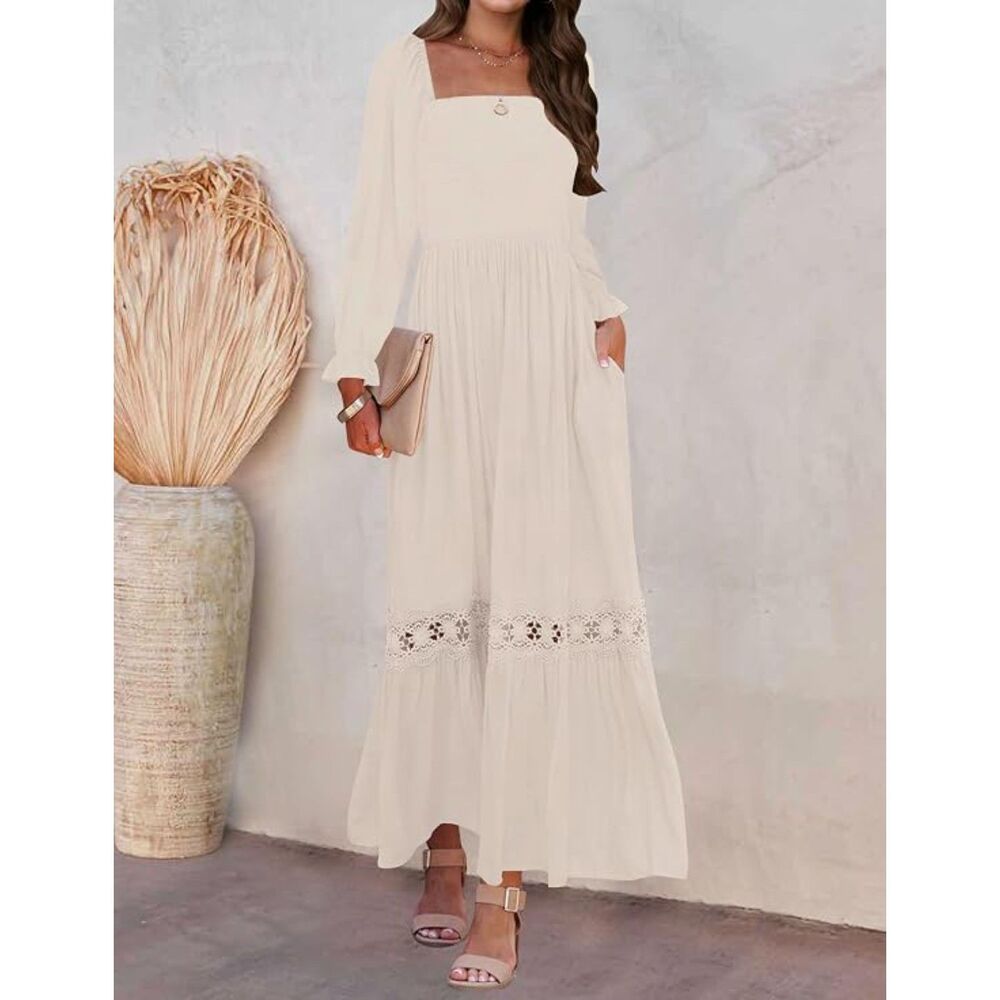 ZESICA Boho Square Neck Maxi Dress | Fall Western A-Line Lace Trim Dress
